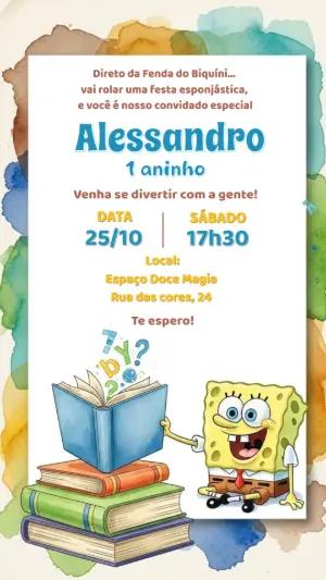 Convite Aniversário Bob Esponja Aquarela para Editar Online