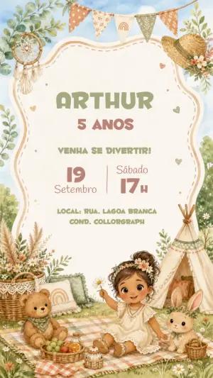 Convite de Aniversário Piquenique Boho Menina para Editar