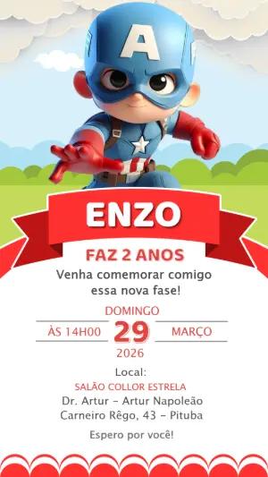 Convite de Aniversário Capitão América Fofo Editável