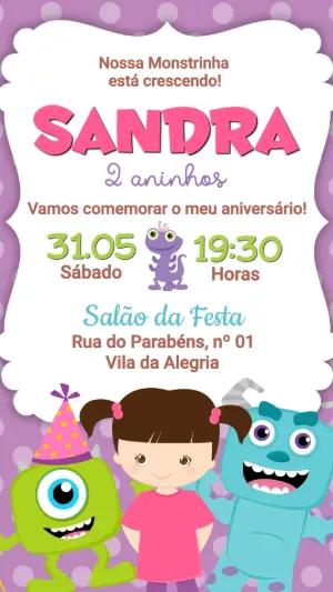 Convite de Aniversário Monstros SA Menina para Editar