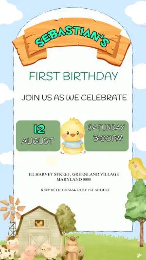 Cute Farm First Birthday Invitation | Editable Digital Template