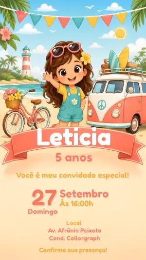 Convite de Aniversário Praia Tropical para Menina Editável