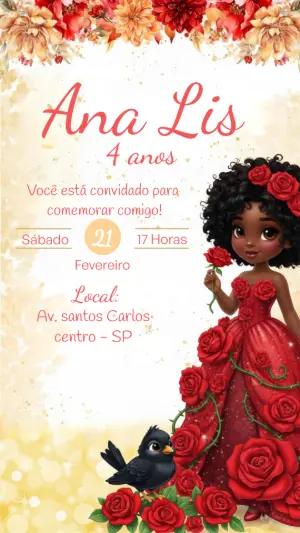 Convite Aniversário Princesa Negra com Rosas Vermelhas Editável