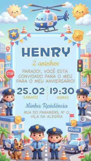 Convite de Aniversário Policial Infantil 3D para Editar