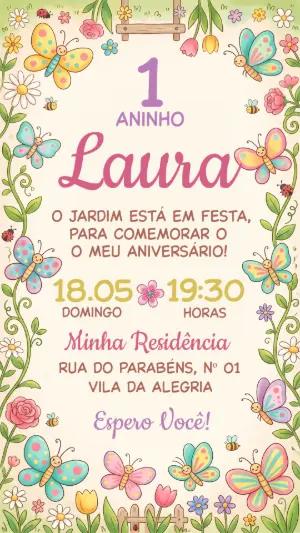 Convite Aniversário Jardim das Borboletas Colorido Editável