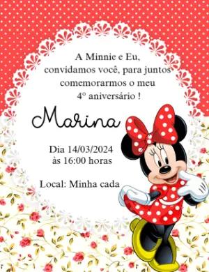Convite de Aniversário Minnie Vermelha Poá e Floral Editável