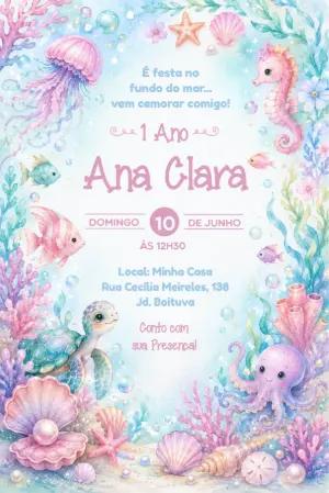 Convite Fundo do Mar Aquarela para Aniversário | Modelo Editável