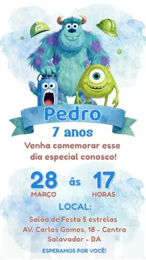 Convite de Aniversário Monstros S.A. em Aquarela para Editar