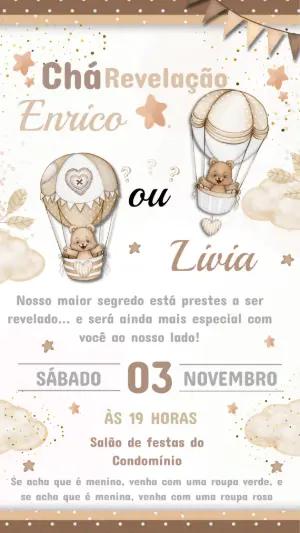 Convite Digital Chá Revelação Ursinhos no Balão Editável