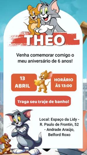 Convite de Aniversário Tom e Jerry Divertido para Editar