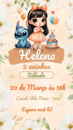 Convite Aniversário Infantil Stitch e Menina Fofa Editável