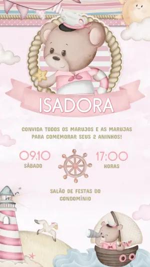 Convite Aniversário Ursinha Marinheira Rosa Editável