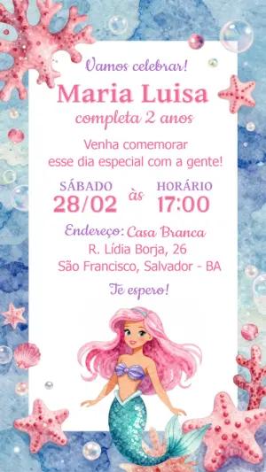 Convite de Aniversário Sereia Aquarela para Editar Online