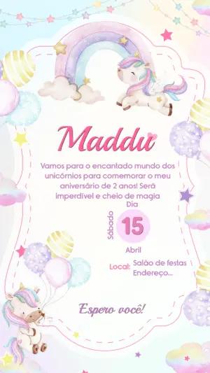 Convite de Aniversário Unicórnio Aquarela Fofo para Editar