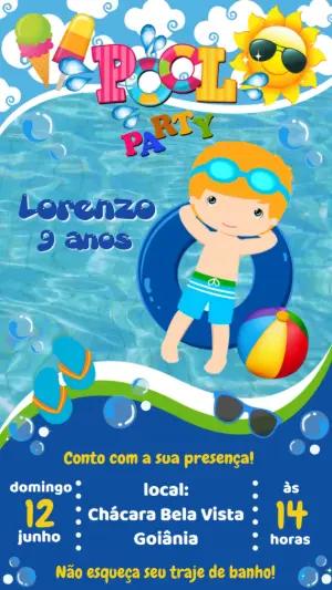 Convite Animado Aniversário Pool Party Menino para Editar Online