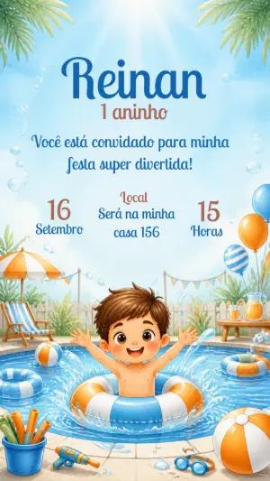 Convite de Aniversário Pool Party Menino Modelo Editável