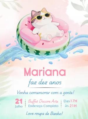 Convite de Aniversário Gatinho na Piscina Modelo Editável