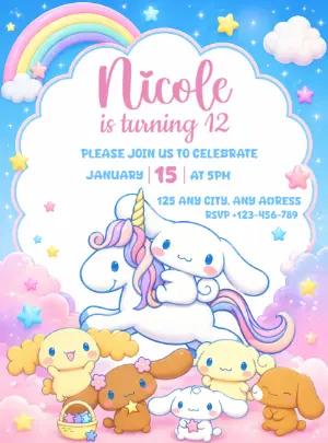 Cute Cinnamoroll & Unicorn Birthday Invitation Template