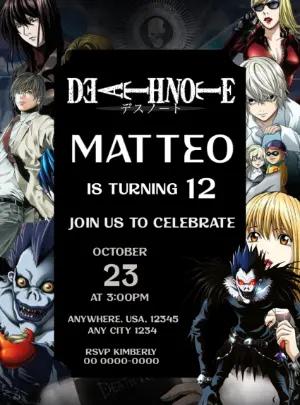 Death Note Anime Birthday Invitation Template - Editable Digital Card