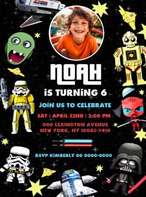 Space Wars Birthday Party Invitation Template to Edit with photo