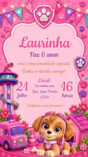 Convite de Aniversário Skye Patrulha Canina Rosa Editável