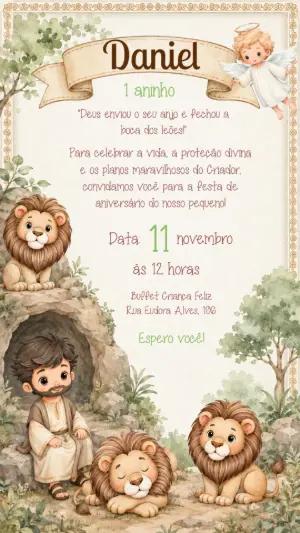 Convite de Aniversário Daniel e os Leões Aquarela para Editar