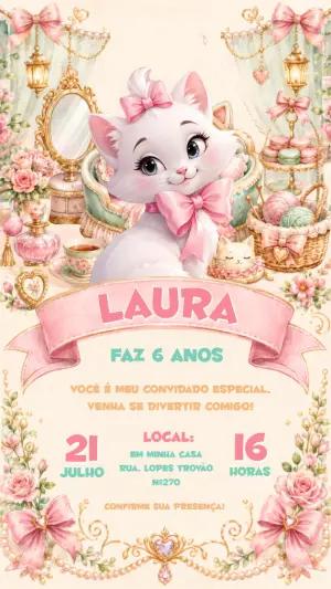 Convite de Aniversário Gata Marie Rosa Elegante para Editar