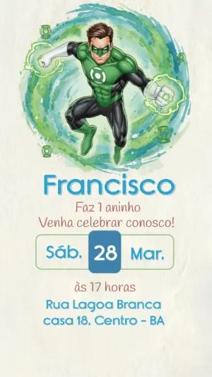 Convite de Aniversário Lanterna Verde Estilo Aquarela Editável