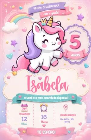 Convite de Aniversário Unicórnio Fofo para Editar Online