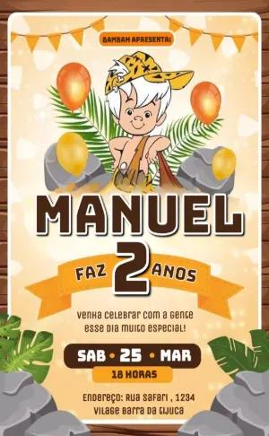 Convite Aniversário Infantil Bambam Pré-histórico Editável