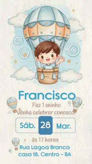 Convite Infantil Menino Balão Aquarela Editável