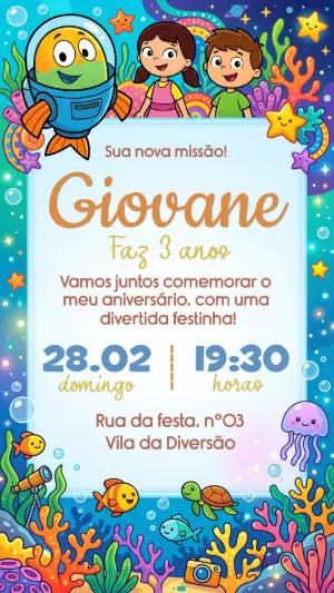 Convite Digital Infantil Peixonauta Fundo do Mar Editável