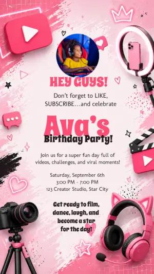 Editable Youtuber Birthday Invitation Template in Pink
