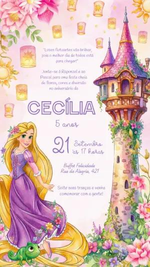 Convite de Aniversário Rapunzel Aquarela para Editar