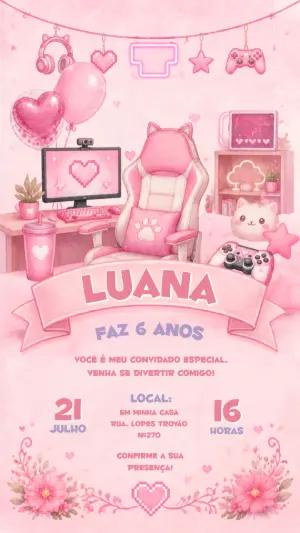 Convite Aniversário Gamer Menina Rosa Editável