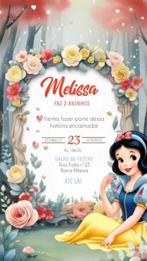 Modelo de Convite Aniversário Branca de Neve Floral Editável