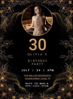 Elegant Black and Gold Floral Birthday Invitation Template