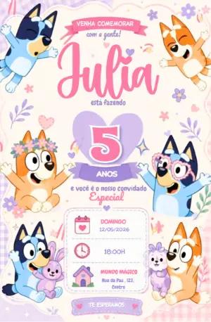 Convite Animado Bluey Menina: Aniversário Rosa e Lilás para Editar