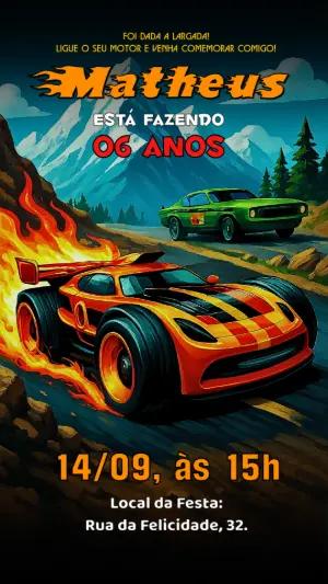 Convite Aniversário Carros de Corrida Radical para Editar Online