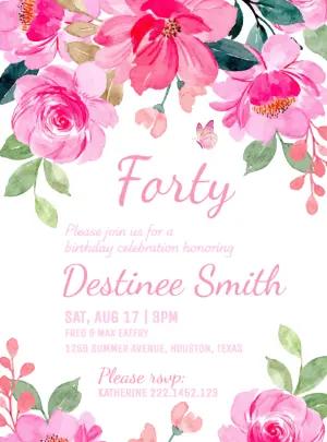 Editable 40th Birthday Invitation with Pink Watercolor Flowers