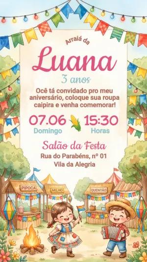 Convite de Aniversário Festa Junina Aquarela Infantil Editável