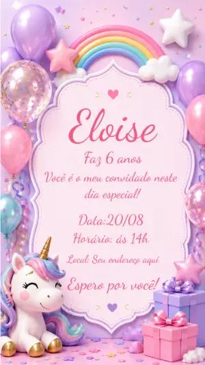 Convite de Aniversário Unicórnio Mágico | Modelo Digital Editável