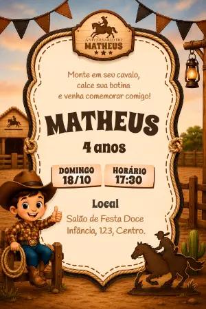 Convite de Aniversário Vaquejada Menino Editável
