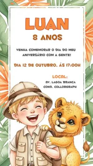 Convite Aniversário Safari com Explorador para Editar Online