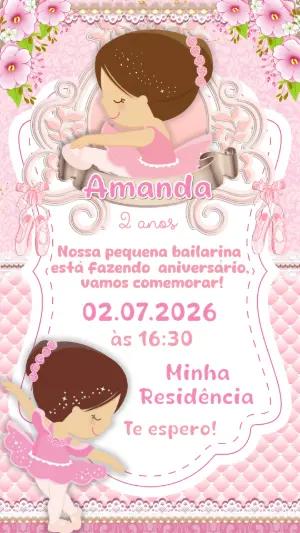 Convite de Aniversário Bailarina Rosa Delicado para Editar