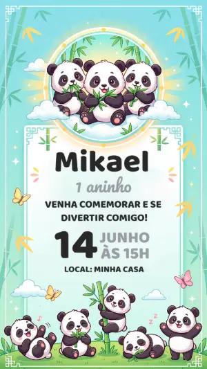 Convite de Aniversário Panda Fofo para Editar