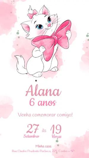 Convite de Aniversário Gatinha Marie Rosa Editável para Meninas