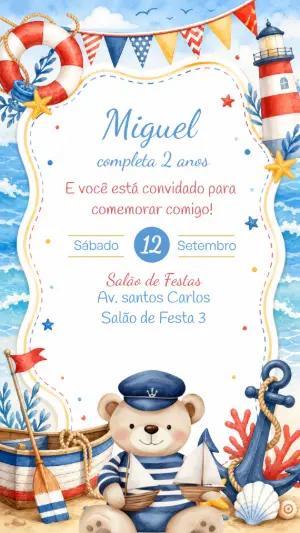 Convite de Aniversário Ursinho Marinheiro Editável