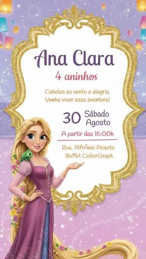 Convite de Aniversário Rapunzel Enrolados Lilás para Editar