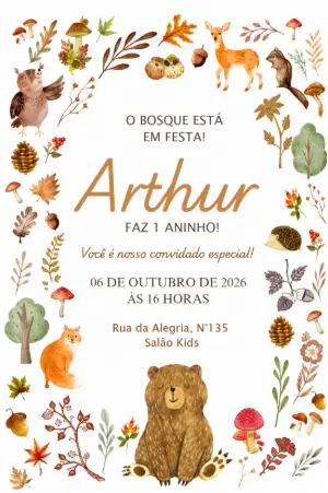 Convite Aniversário Infantil Bosque Encantado Editável